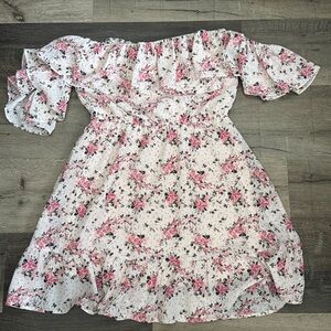 Black Swan Floral Off-Shoulder Ruffle Mini Dress - Pink Floral Size Small
